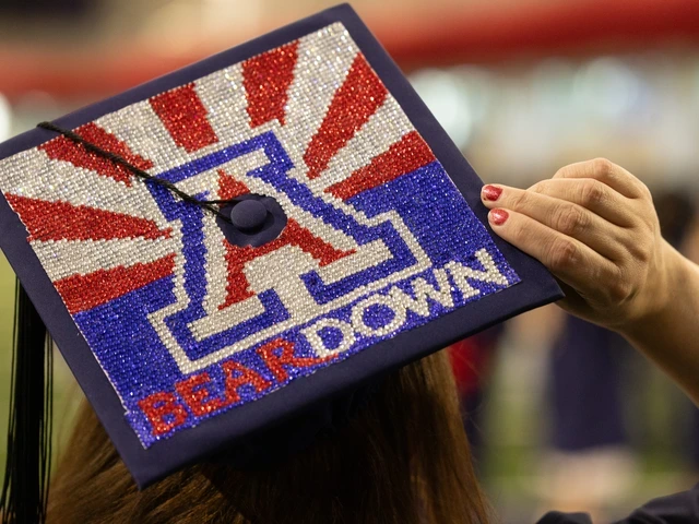 a graduation cap with a Black A and Bear Down on it