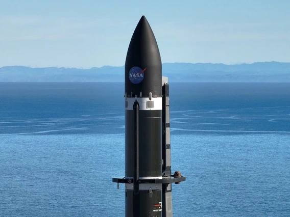 The payload nose cone is pictured against the ocean backdrop at Rocket Lab's launch site in New Zealand