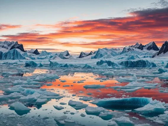 Sunset over a landscape dominated by glaciers, small ice bergs and mountains