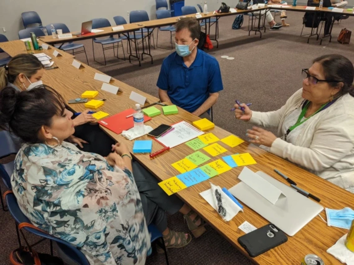 four people gathered on two sides of a table covered in slips of paper