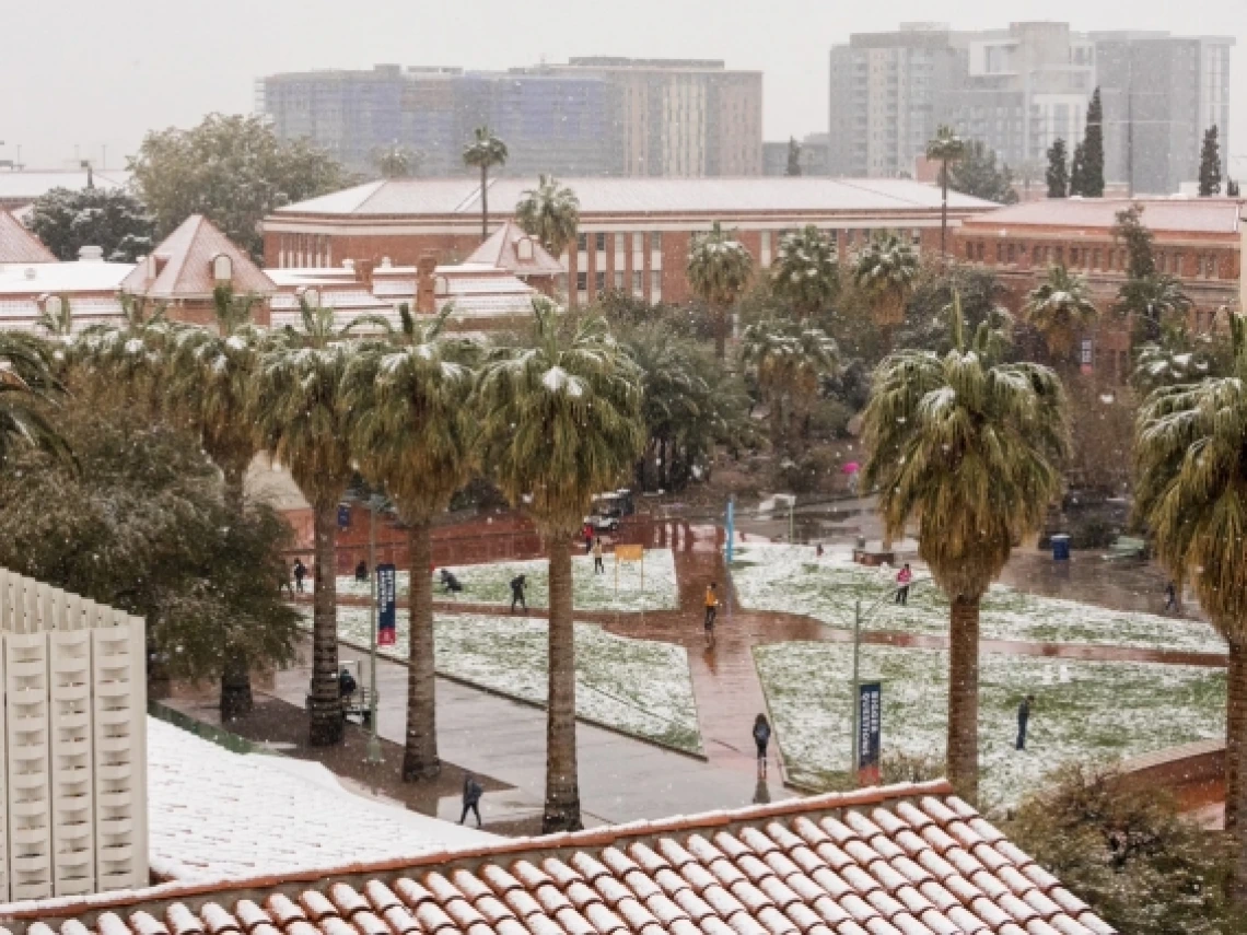 people walking across the UArizona Mall under light snowfall